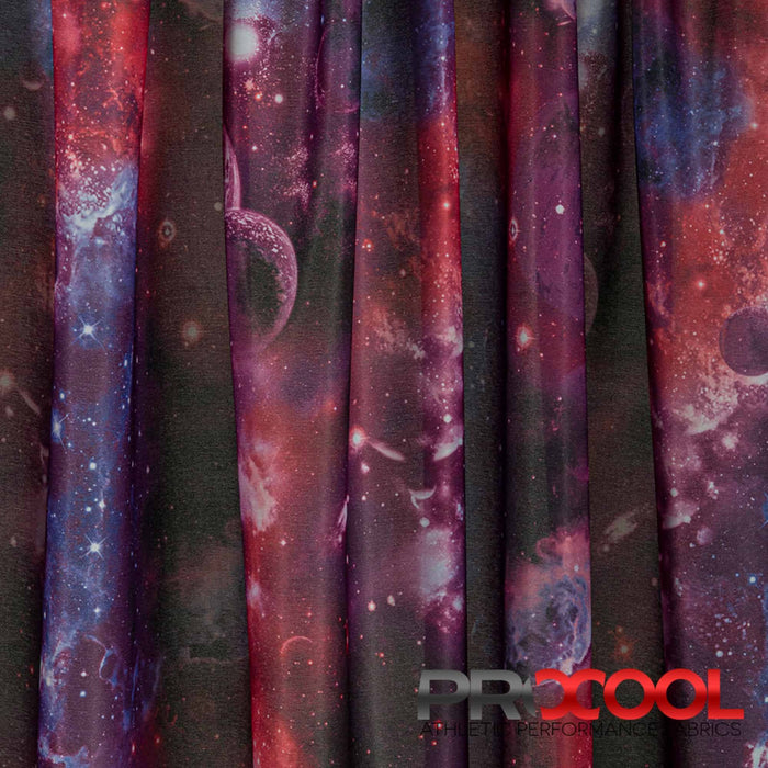 Craft exquisite pieces with ProCool® Performance Interlock Silver Print CoolMax Fabric (W-624) in Red Galaxy. Specially designed for Leggings. 
