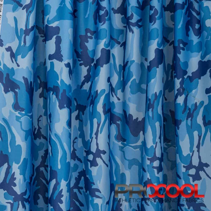 ProCool® Performance Interlock Print CoolMax Fabric (W-513) in Blue Hunter Camo with Vegan. Perfect for high-performance applications. 