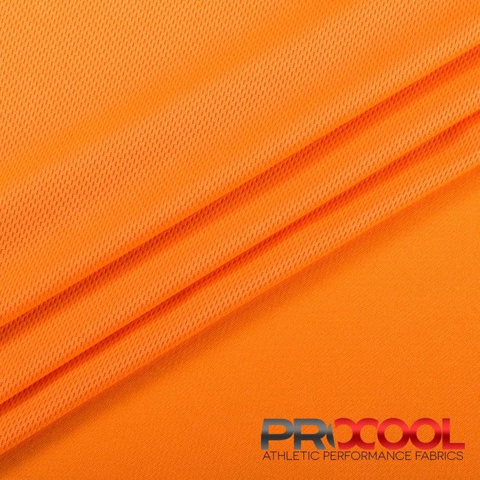 Experience the Vegan with ProCool FoodSAFE® Light-Medium Weight Jersey Mesh Fabric (W-337) in Neon Orange. Performance-oriented.