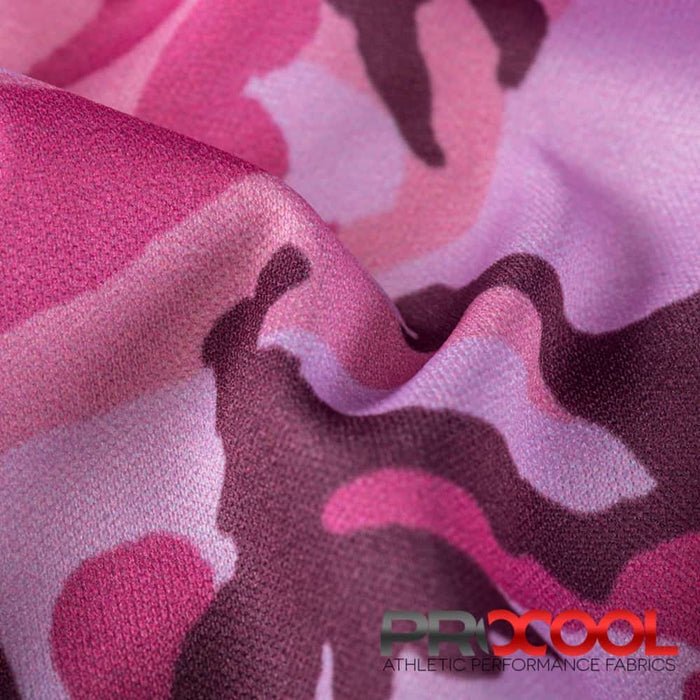 Experience the Child Safe with ProCool® Performance Interlock Print CoolMax Fabric (W-513) in Pink Hunter Camo. Performance-oriented.