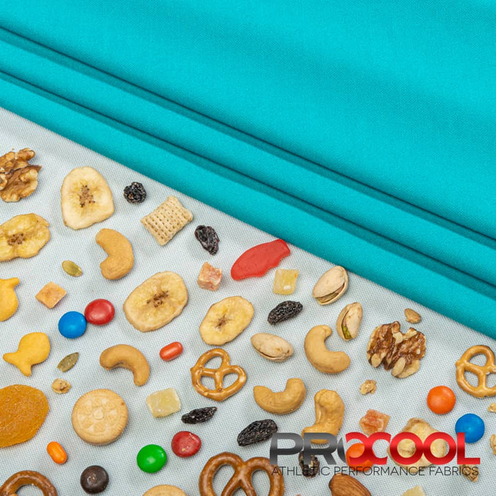 Stay dry and confident in our ProCool FoodSAFE® Medium Weight Xtra Stretch Jersey Fabric (W-346) with Dri-Quick in Aqua/White