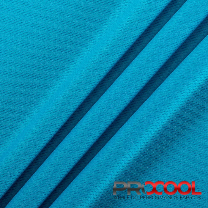 Experience the BPA Free with ProCool FoodSAFE® Light-Medium Weight Jersey Mesh Fabric (W-337) in Aqua. Performance-oriented.