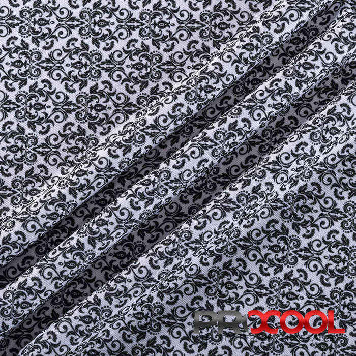 ProCool® Dri-QWick™ Sports Pique Mesh Silver Print Fabric (W-621) in Black Damask with HypoAllergenic. Perfect for high-performance applications. 
