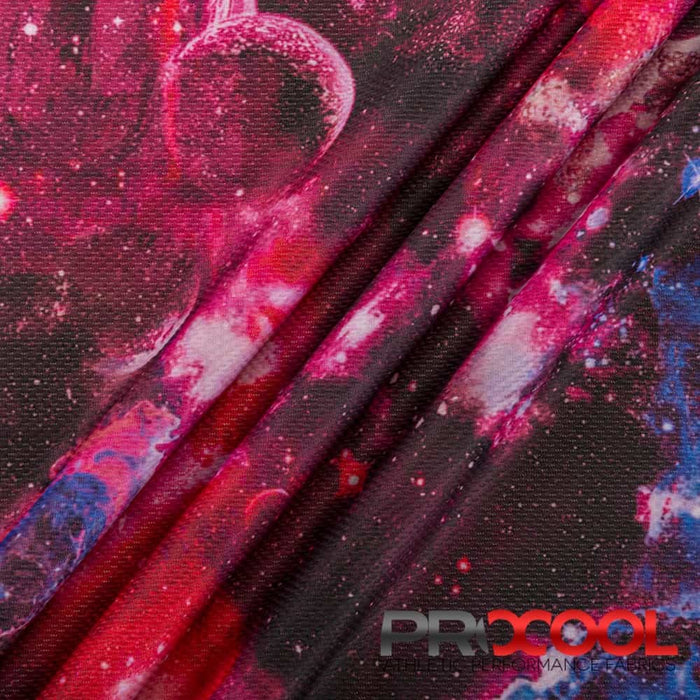 ProCool® Dri-QWick™ Jersey Mesh Silver Print CoolMax Fabric (W-623) in Red Galaxy, ideal for Hockey Jerseys. Durable and vibrant for crafting.