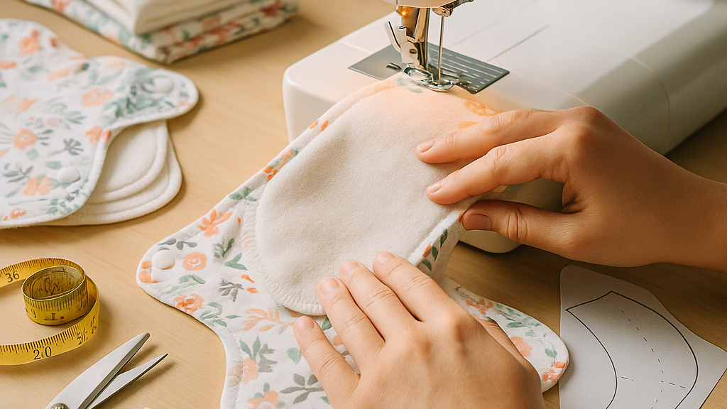 Person using a sewing machine on floral fabric with scissors and patterns nearby.