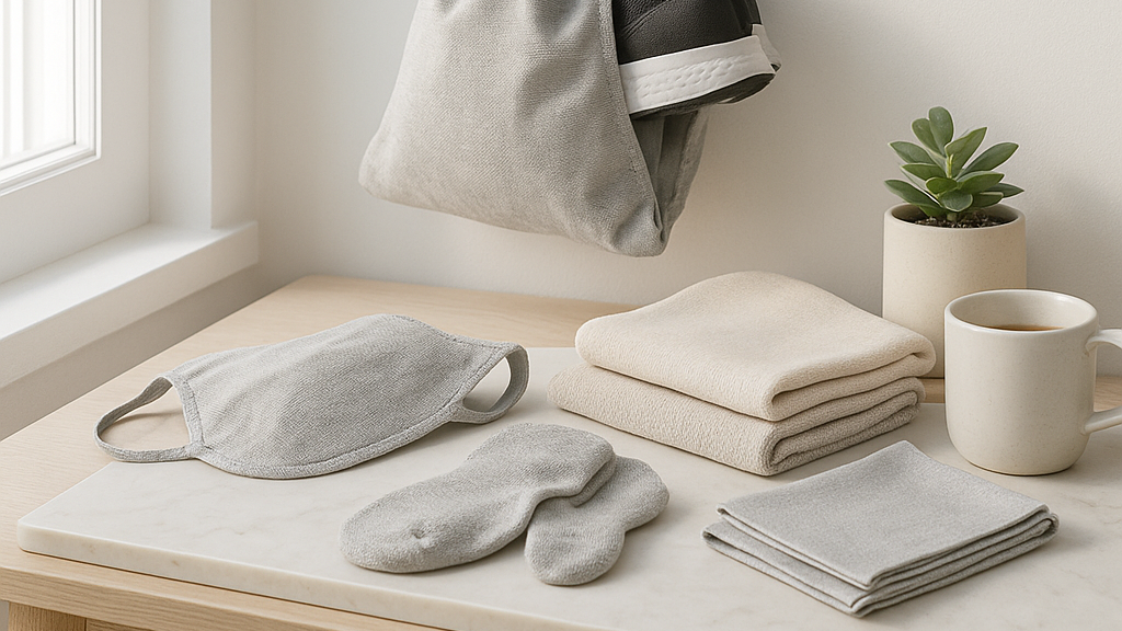 Gray drawstring bag with folded clothes on a wooden surface near a window.