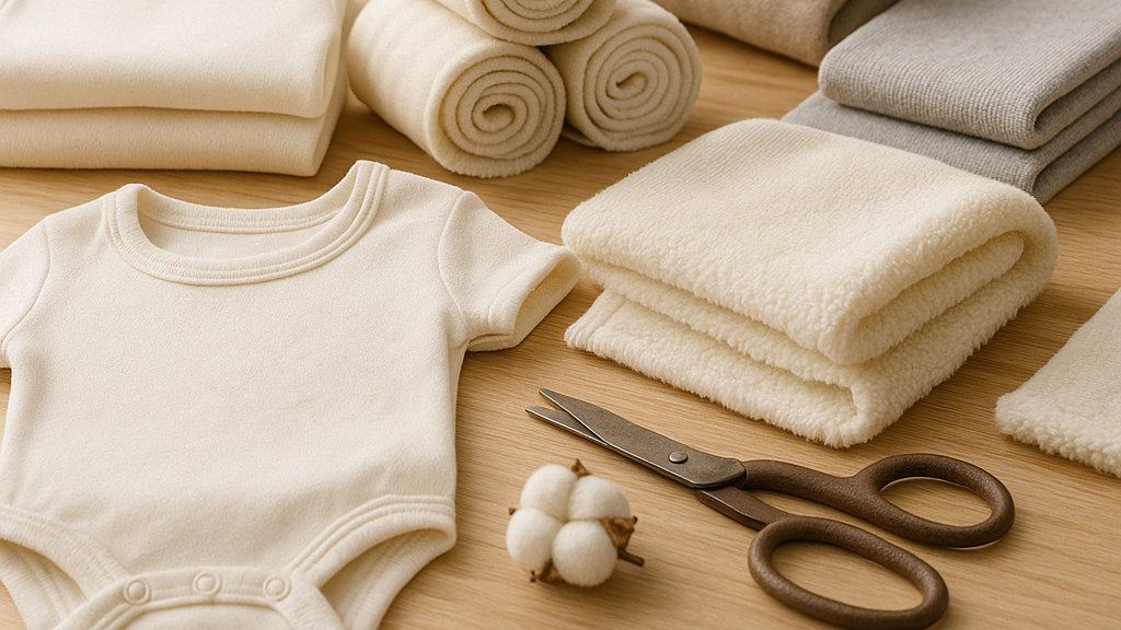 Folded baby clothes on a wooden surface with scissors and a cotton ball.