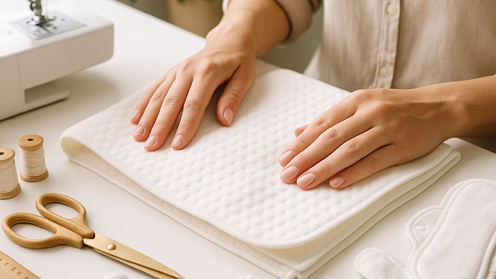 Person working on a sewing project with a sewing machine and materials on a table.