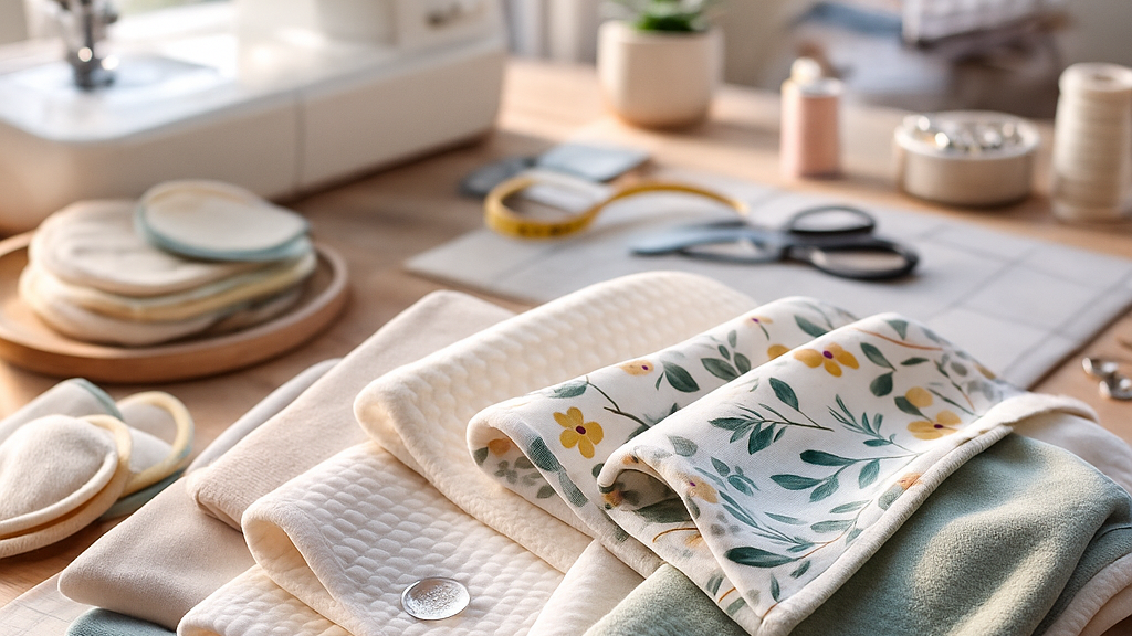 Stack of folded fabric swatches on a sewing table with sewing equipment in the background