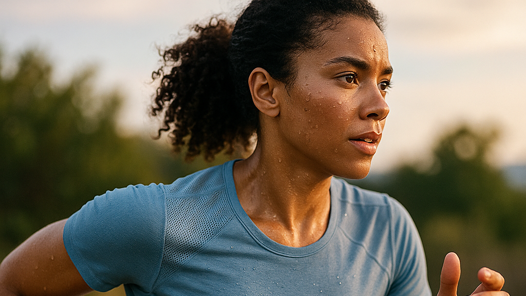 Woman in a blue athletic shirt outdoors with a blurred background