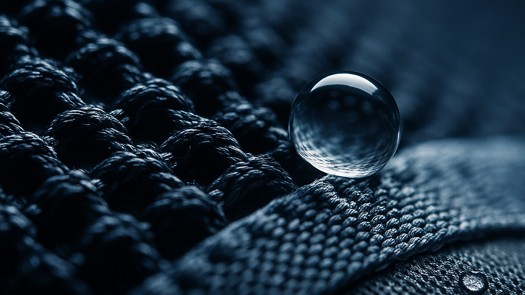 Clear water droplet on textured dark fabric