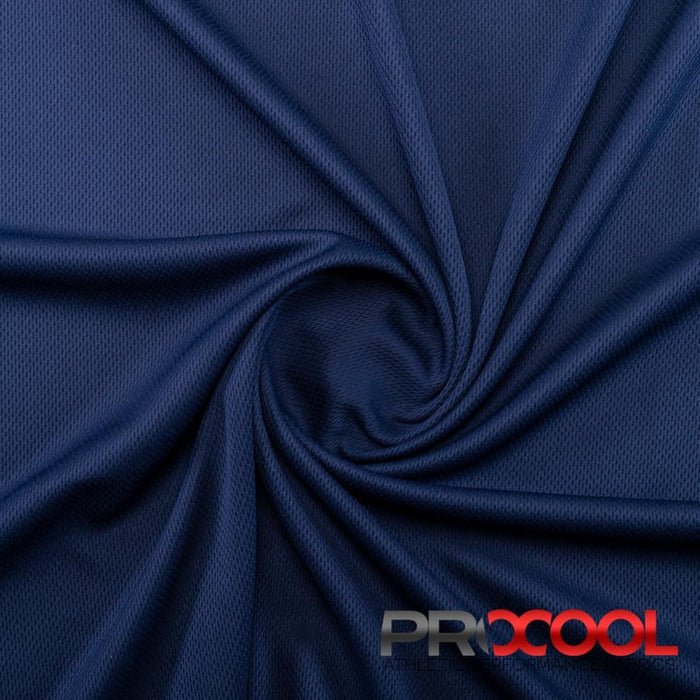 Experience the Child Safe with ProCool FoodSAFE® Light-Medium Weight Jersey Mesh Fabric (W-337) in Uniform Blue. Performance-oriented.