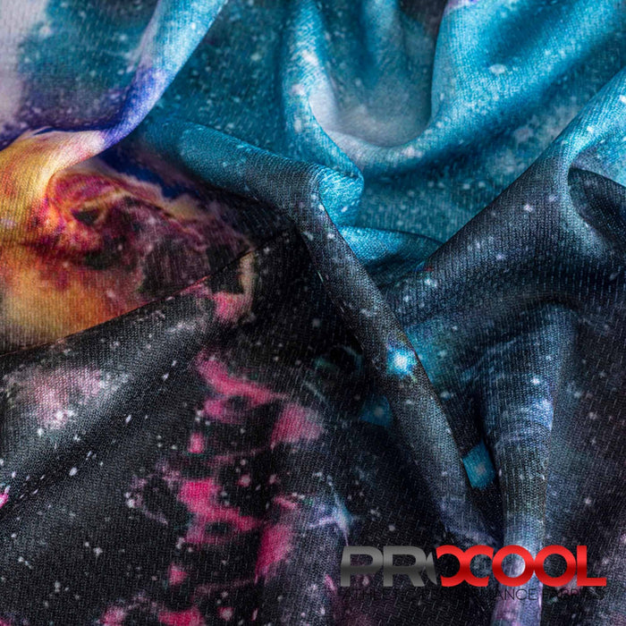 Experience the Antimicrobial with ProCool® Dri-QWick™ Jersey Mesh Silver Print CoolMax Fabric (W-623) in Black Galaxy. Performance-oriented.
