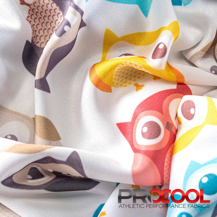 Choose sustainability with our ProCool® Performance Interlock Print CoolMax Fabric (W-513), in Hoot Hoot White is designed for Child Safe
