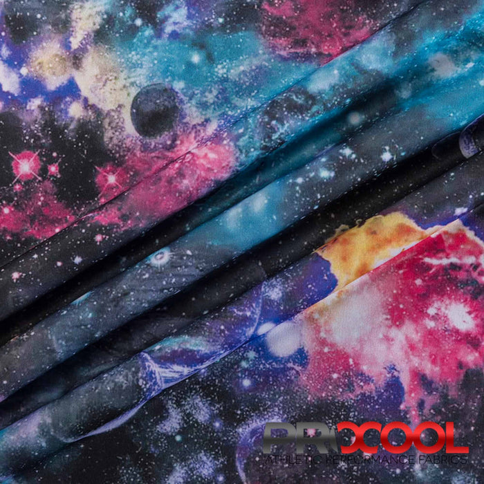 Discover the functionality of the ProCool® Performance Interlock Silver Print CoolMax Fabric (W-624) in Black Galaxy. Perfect for Cheer Uniforms, this product seamlessly combines beauty and utility