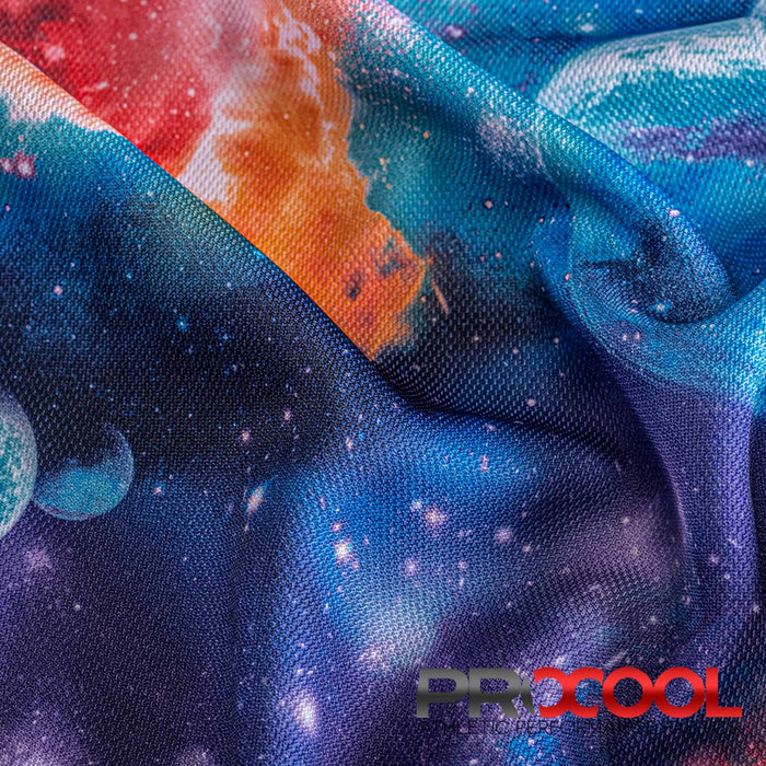 Stay dry and confident in our ProCool® Dri-QWick™ Sports Pique Mesh Silver Print Fabric (W-621) with Nanoparticle Free in Blue Galaxy