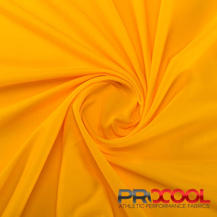 Choose sustainability with our ProCool FoodSAFE® Medium Weight Xtra Stretch Jersey Fabric (W-346), in Sun Gold/White is designed for OneWayWicking