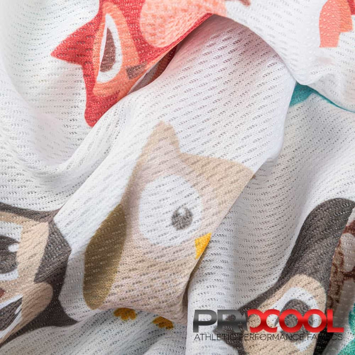Choose sustainability with our ProCool® Dri-QWick™ Jersey Mesh Silver Print CoolMax Fabric (W-623), in Hoot Hoot White is designed for Light-Medium Weight
