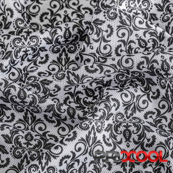Introducing ProCool® Dri-QWick™ Sports Pique Mesh Silver Print Fabric (W-621) with Child safe in Black Damask for exceptional benefits.