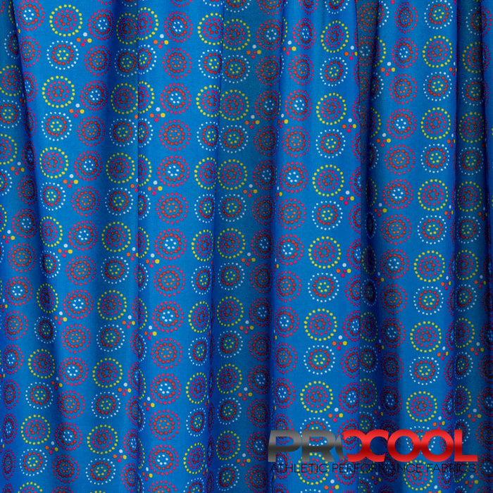 Craft exquisite pieces with ProCool® Performance Interlock Print CoolMax Fabric (W-513) in Blue Disco Dots. Specially designed for T-Shirts. 