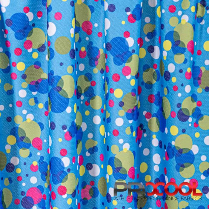 ProCool® Dri-QWick™ Jersey Mesh Print CoolMax Fabric (W-622) in Blue Bubbles, ideal for Face Masks. Durable and vibrant for crafting.