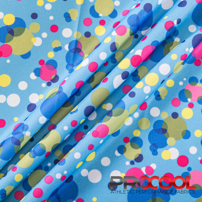 Experience the Breathable with ProCool® Dri-QWick™ Jersey Mesh Silver Print CoolMax Fabric (W-623) in Blue Bubbles. Performance-oriented.