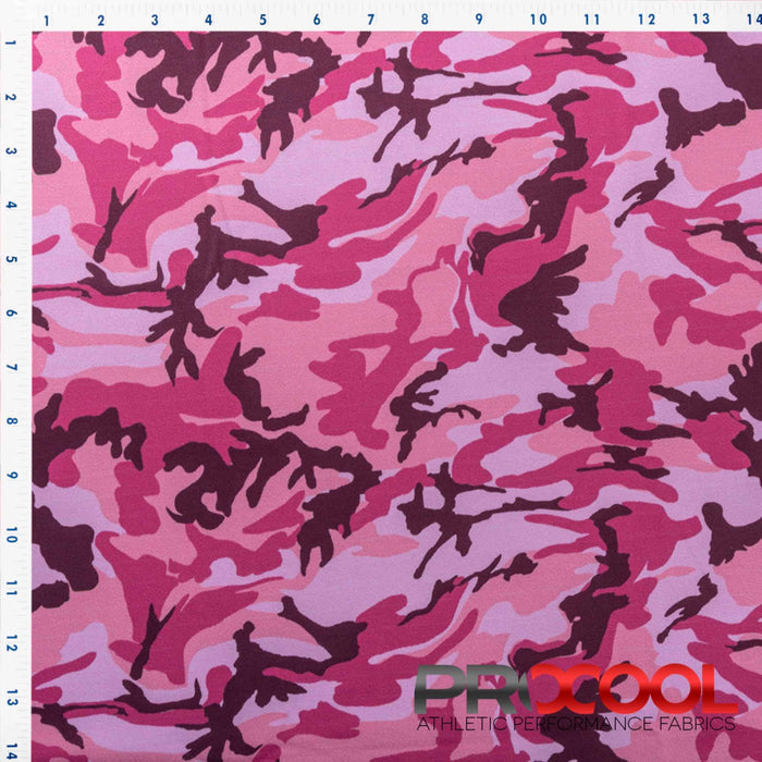 Choose sustainability with our ProCool® Performance Interlock Silver Print CoolMax Fabric (W-624), in Pink Hunter Camo is designed for Latex Free