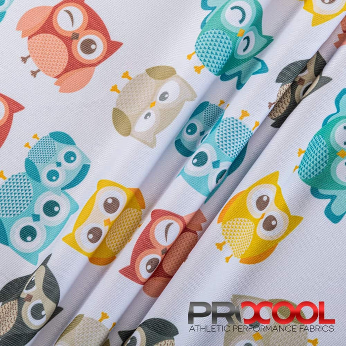 Choose sustainability with our ProCool® Dri-QWick™ Sports Pique Mesh Silver Print Fabric (W-621), in Hoot Hoot White is designed for HypoAllergenic