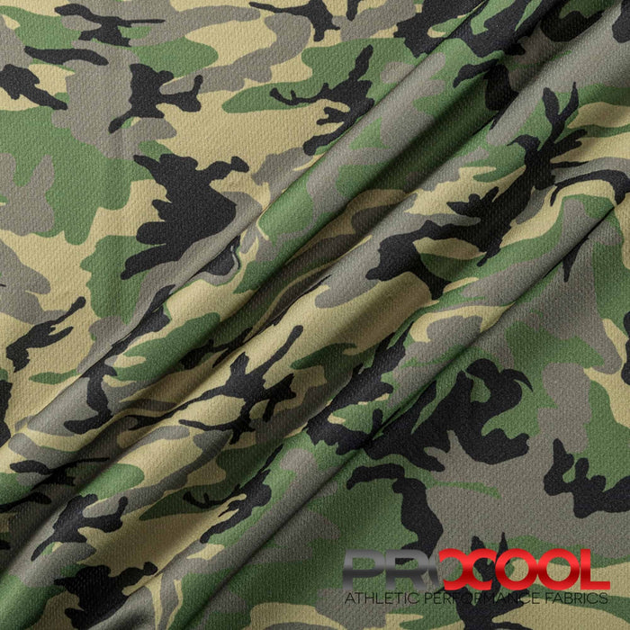 Experience the Child Safe with ProCool® Dri-QWick™ Jersey Mesh Silver Print CoolMax Fabric (W-623) in Hunter Camo. Performance-oriented.