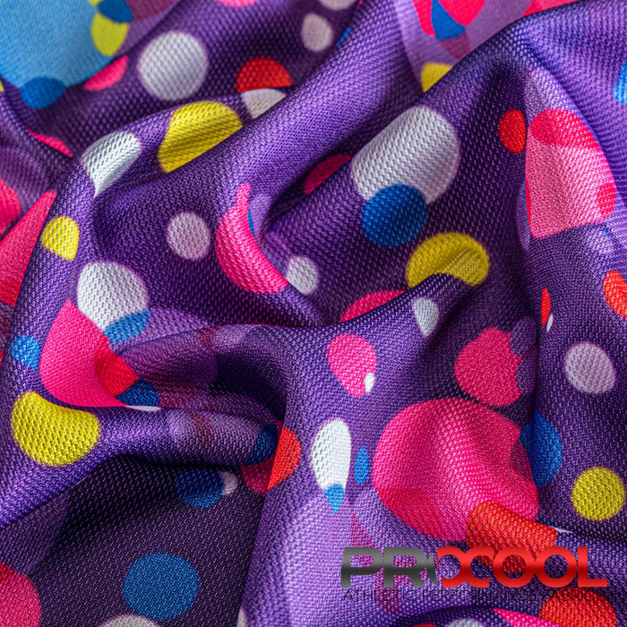 ProCool® Dri-QWick™ Sports Pique Mesh Silver Print Fabric (W-621) in Purple Bubbles, ideal for Face Masks. Durable and vibrant for crafting.