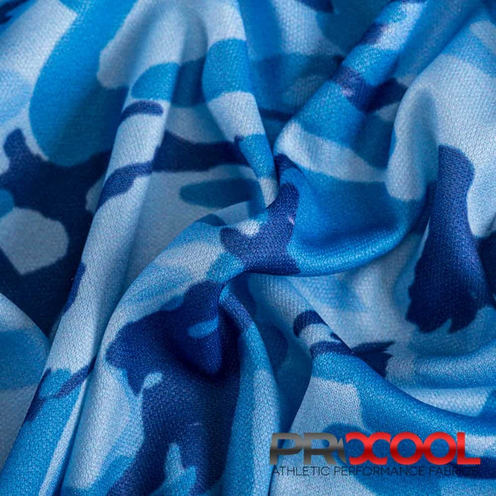 Experience the Child Safe with ProCool® Performance Interlock Print CoolMax Fabric (W-513) in Blue Hunter Camo. Performance-oriented.