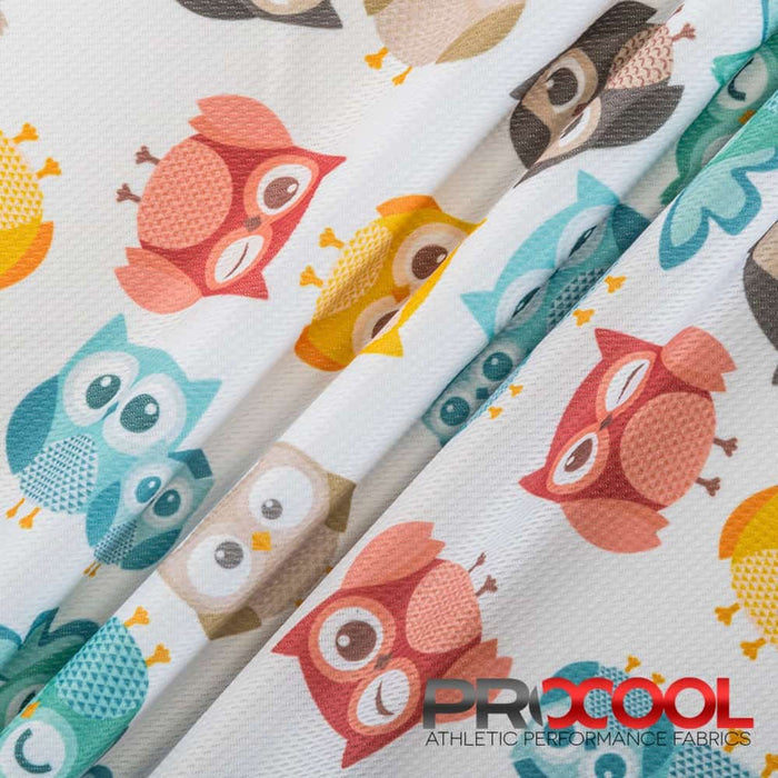 ProCool® Dri-QWick™ Jersey Mesh Silver Print CoolMax Fabric (W-623) in Hoot Hoot White, ideal for Headbands. Durable and vibrant for crafting.
