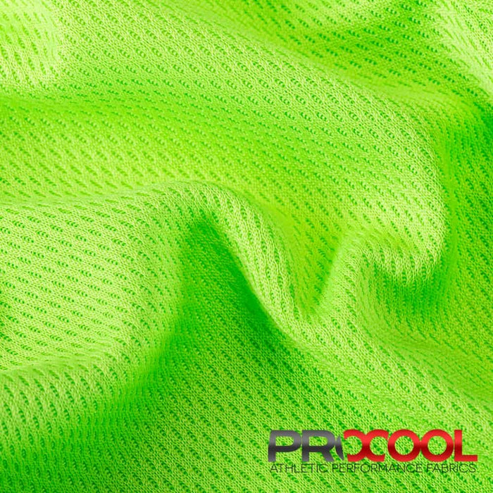 Experience the Vegan with ProCool FoodSAFE® Light-Medium Weight Jersey Mesh Fabric (W-337) in Neon Green. Performance-oriented.