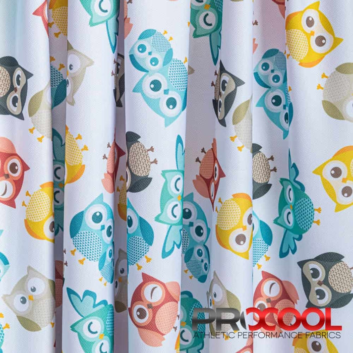 Experience the Breathable with ProCool® Dri-QWick™ Sports Pique Mesh Silver Print Fabric (W-621) in Hoot Hoot White. Performance-oriented.